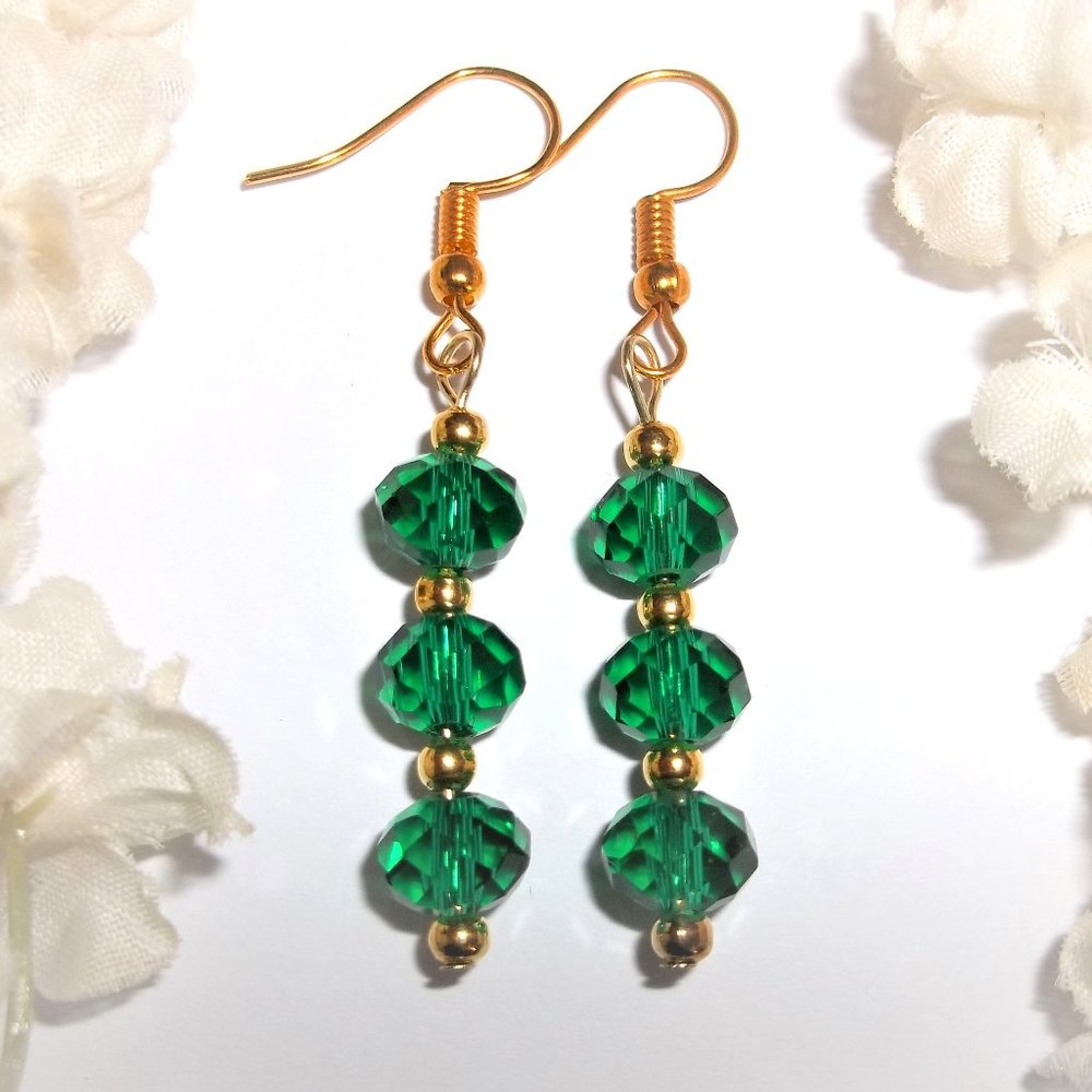 Dangle Drop Earring Green Glass and Gold Beaded Jewelry Gift Set For Her A647